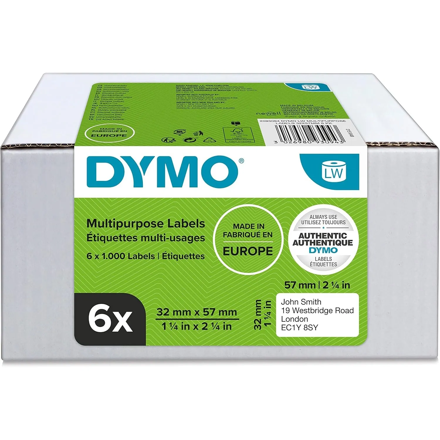 DYMO Original LabelWriter Mehrzwecketiketten | 32 mm x 57 mm | 6 Rollen mit je 1.000 leicht ablösbaren Etiketten (6.000…