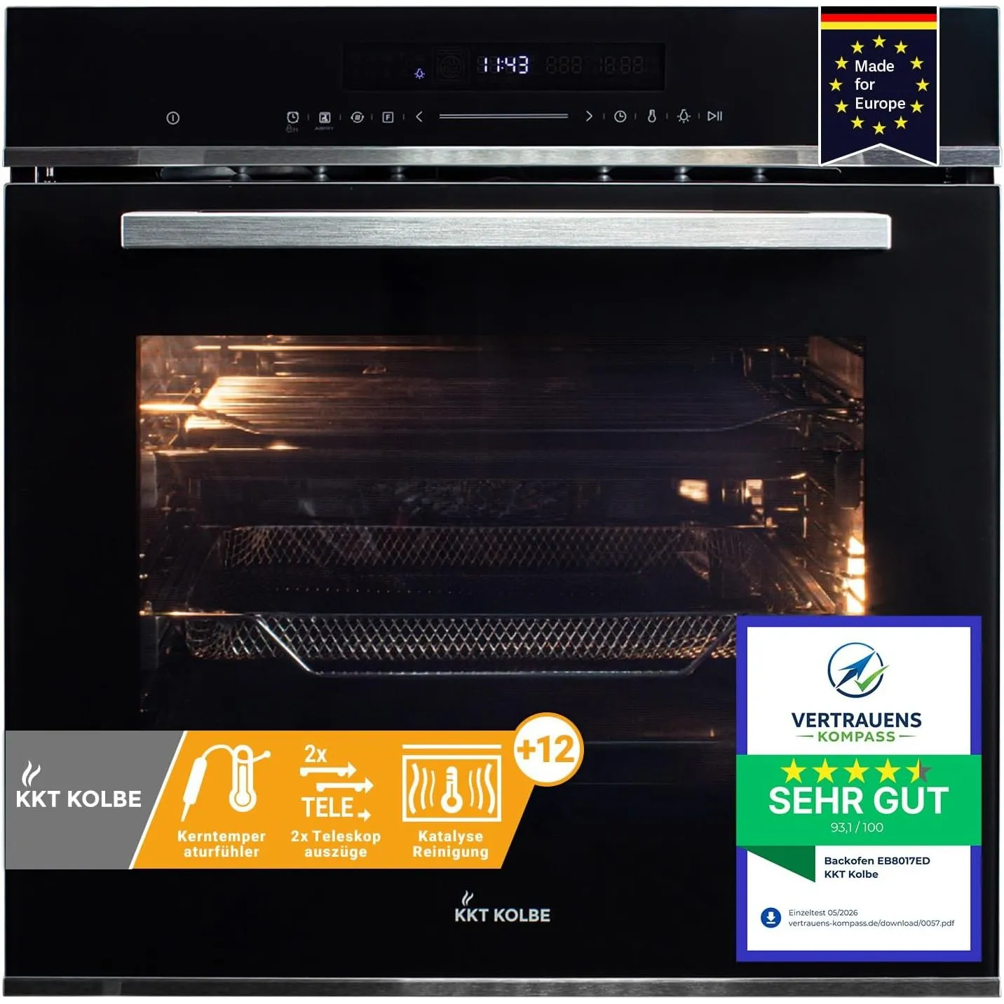 KKT KOLBE AirFryer-Einbaubackofen EB8017ED, 60 cm, 72 L, schwarz silber | autark, 2,9 kW, AirFry, Katalyse, Pizzafunkti…