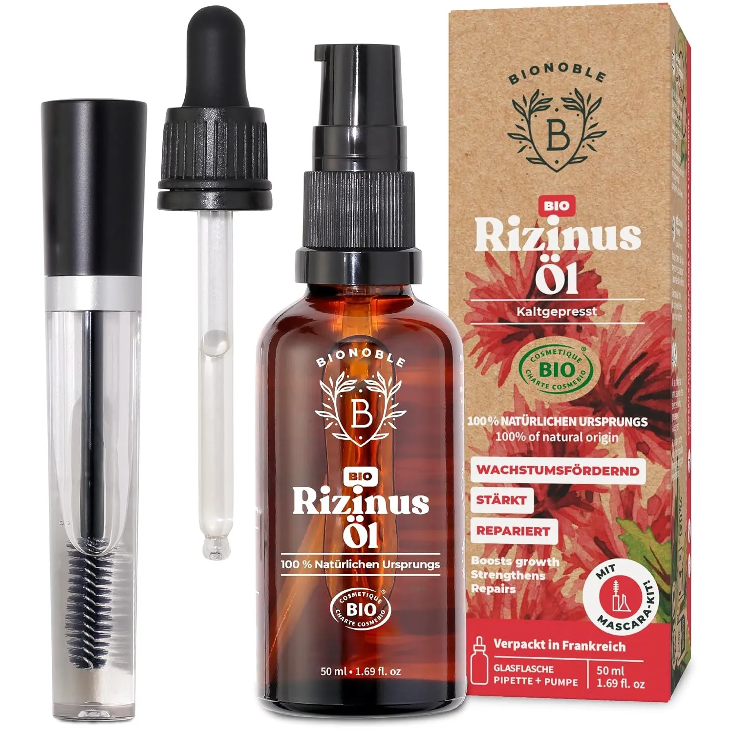 BIONOBLE Rizinusöl Kaltgepresst Bio + Mascara-Kit - Wimpern, Haare - 50ml