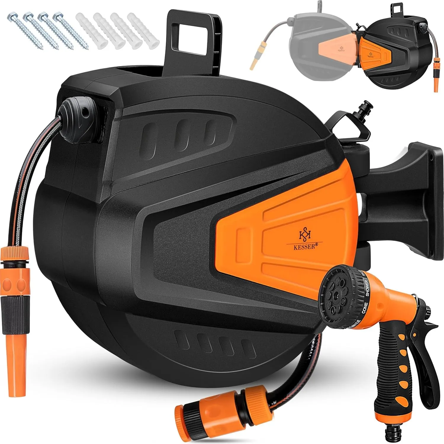 KESSER® automatische Schlauchtrommel 30 m + 2 m, Wand Schlauchbox mit Aufrollautomatik, Schlauchaufroller mit Gartensch…