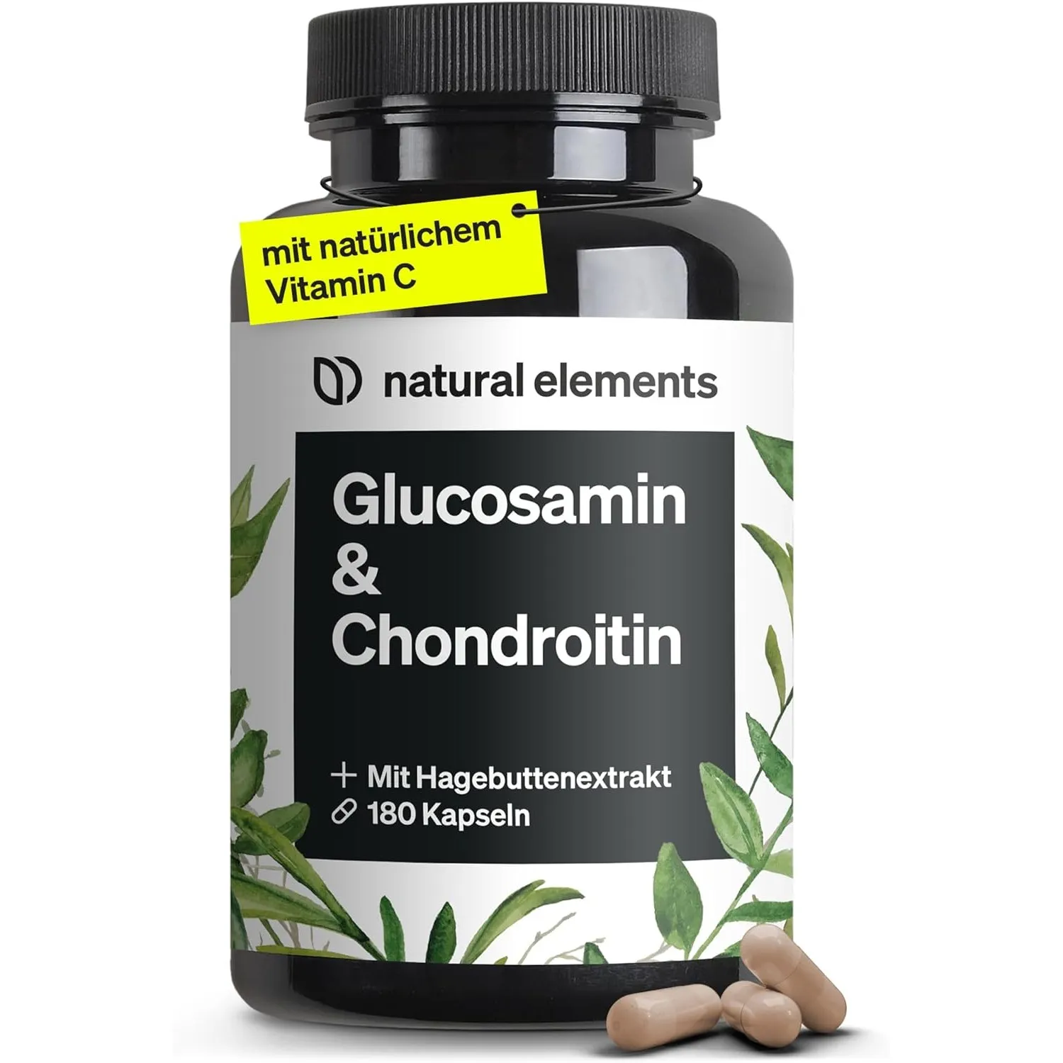 natural elements Glucosamin & Chondroitin – 180 Kapseln – mit Vitamin C für eine normale Kollagenbildung* – hochdosiert…