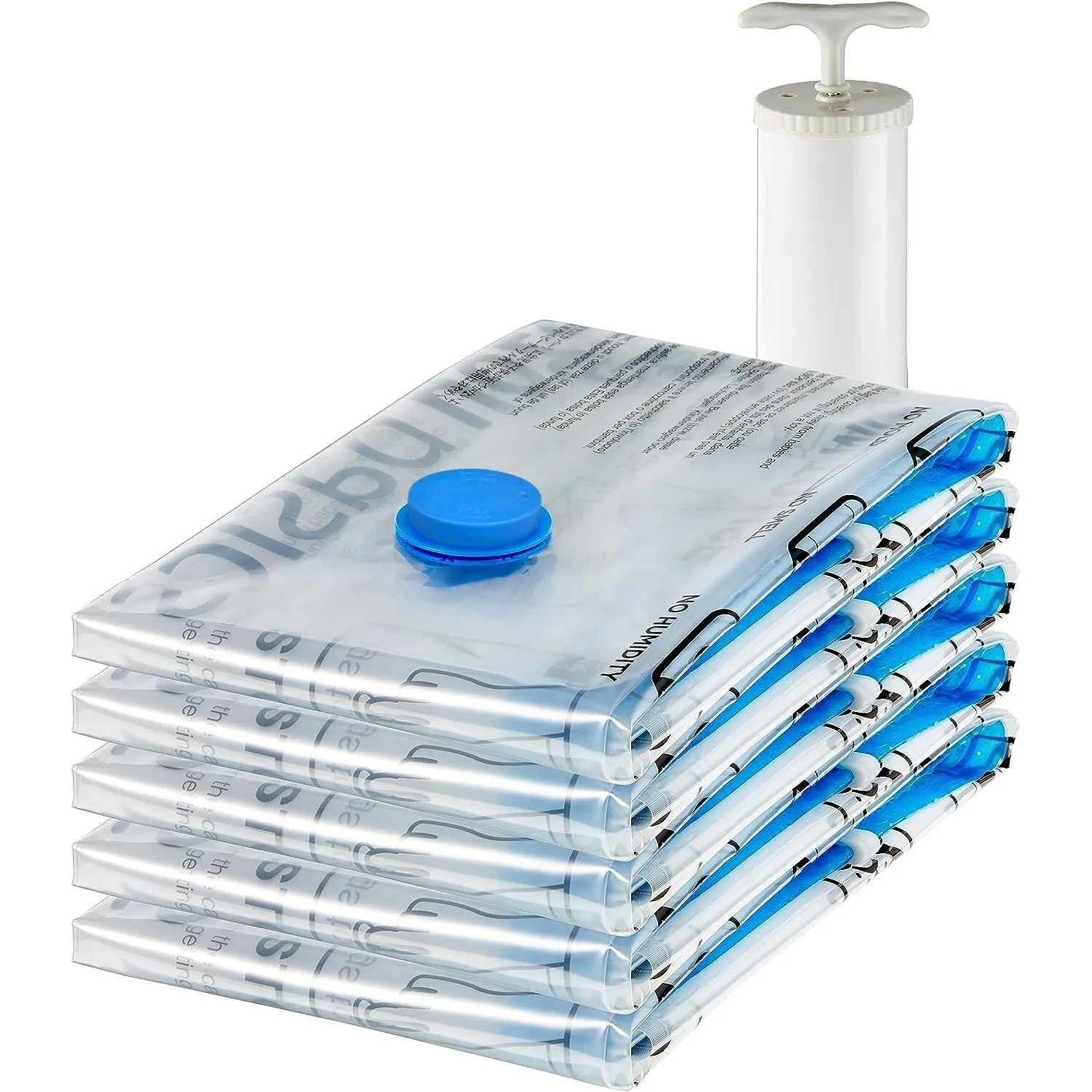 Amazon Basics Vakuumbeutel für Kleidung mit Luftdichtem Ventil und Handpumpe - Groß, 5er-Pack, Reißverschluss, Transpar…