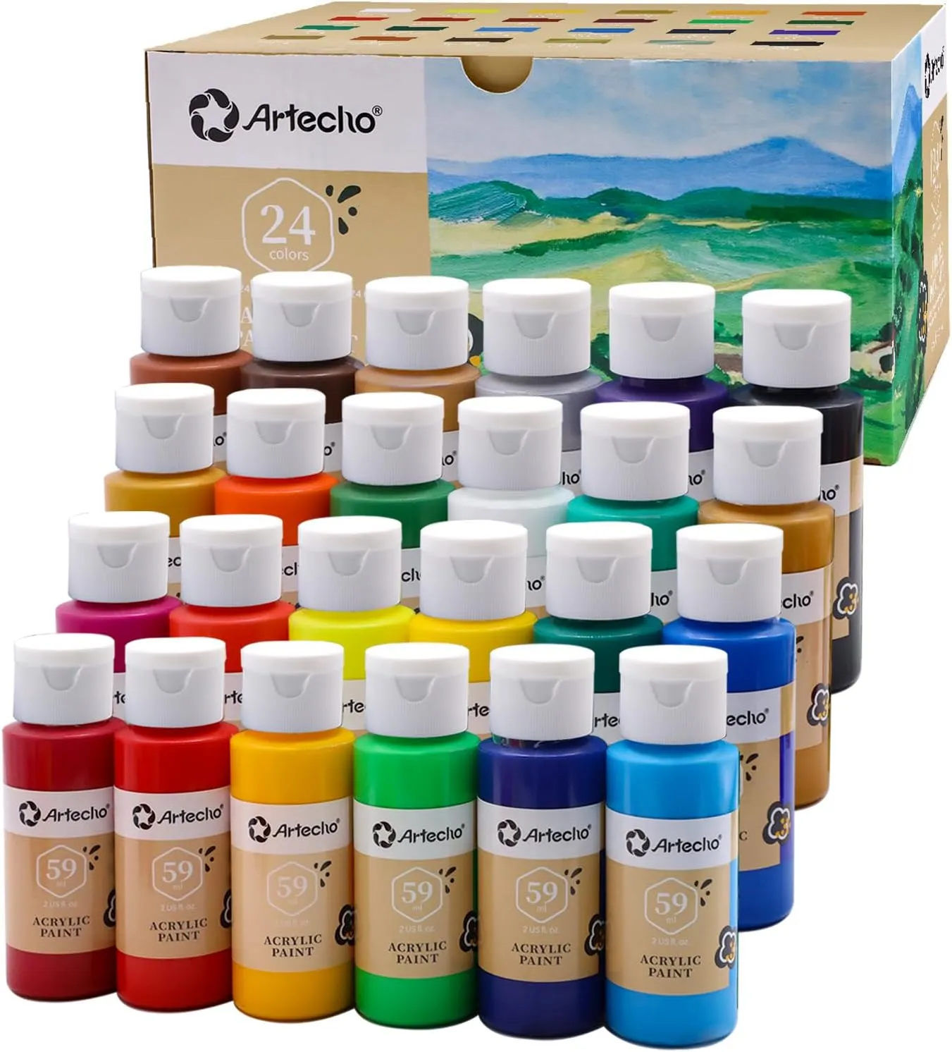 Artecho Acrylfarben Set 24x59 ml, Acrylic Paint Set, Wasserfest und Lichtecht, Schnell Trocknend, ideal für Leinwand, P…