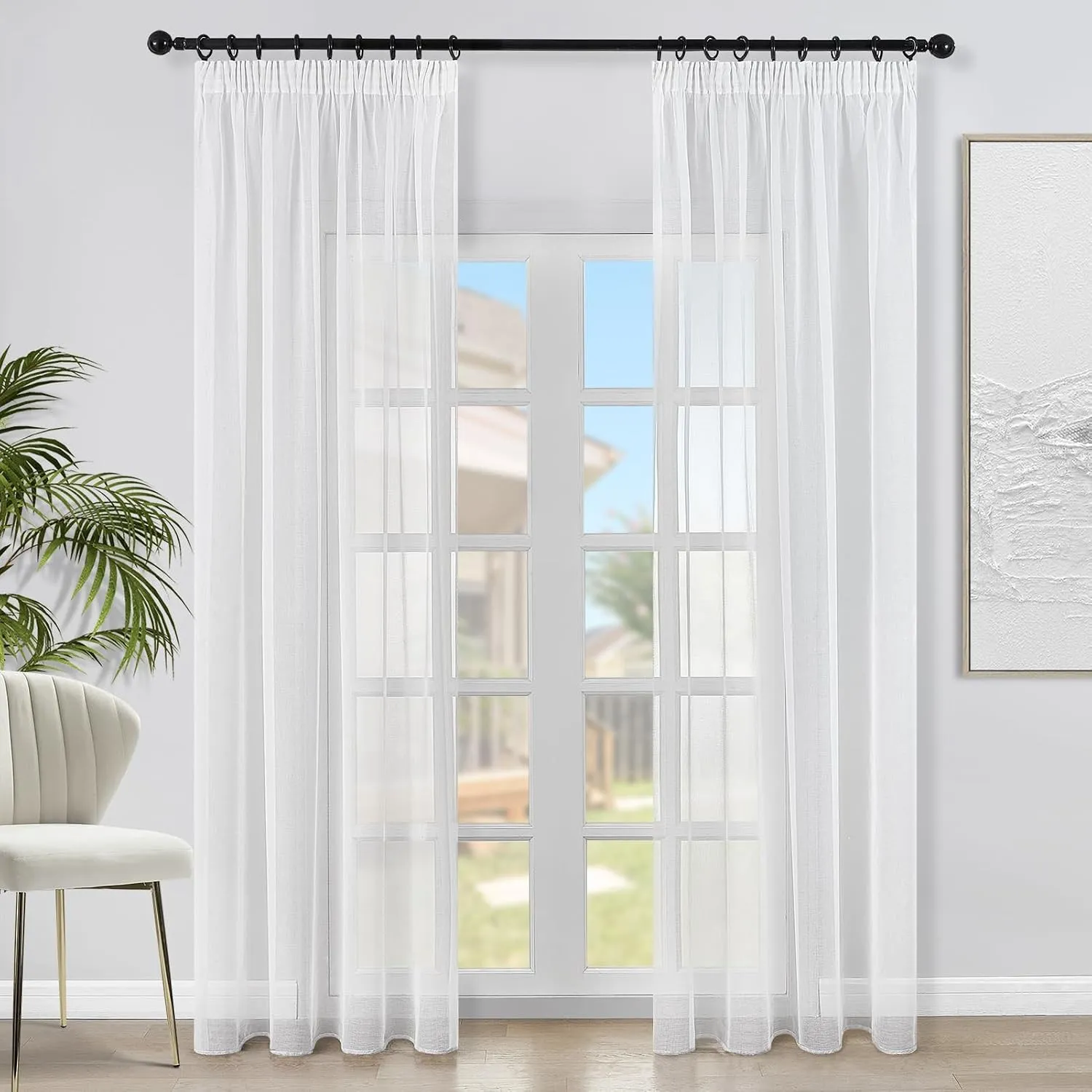 Topfinel Gardinen mit Kräuselband Vorhang Weiß Halbtransparent Vorhänge Wohnzimmer Kurz 2er Set B 140 x H 175 cm Curtai…