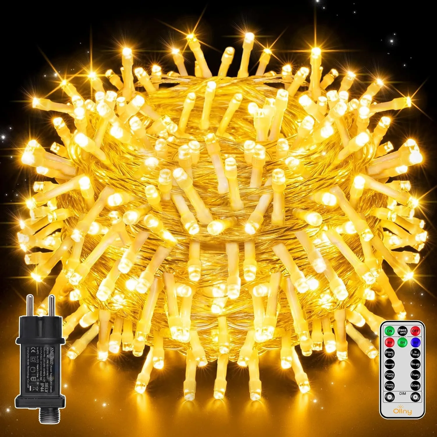 Ollny 20M 200 LED Lichterkette außen Wasserdicht Dimmbar 8 Modi Timer | Mit Fernbedienung, Stecker, IP44 und warmweiß L…