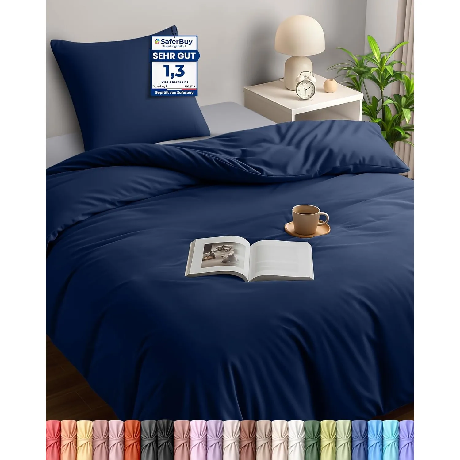 Utopia Bedding Bettwäsche 135x200 cm + 1 Kissenbezug 80x80 cm, Marineblau