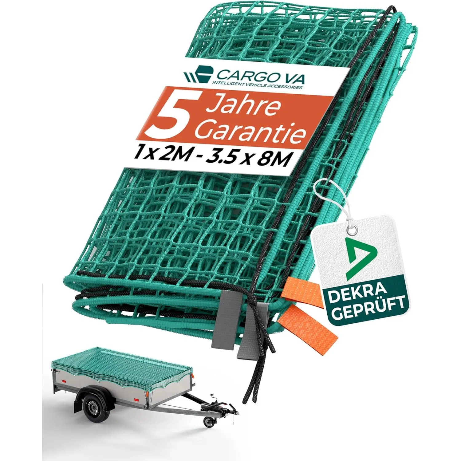 CargoVA® Intelligentes Anhängernetz 1,5x2,2M [DEKRA Geprüft] - Hängernetz mit Gummiseil und Eckenmarkierung - zur perfe…