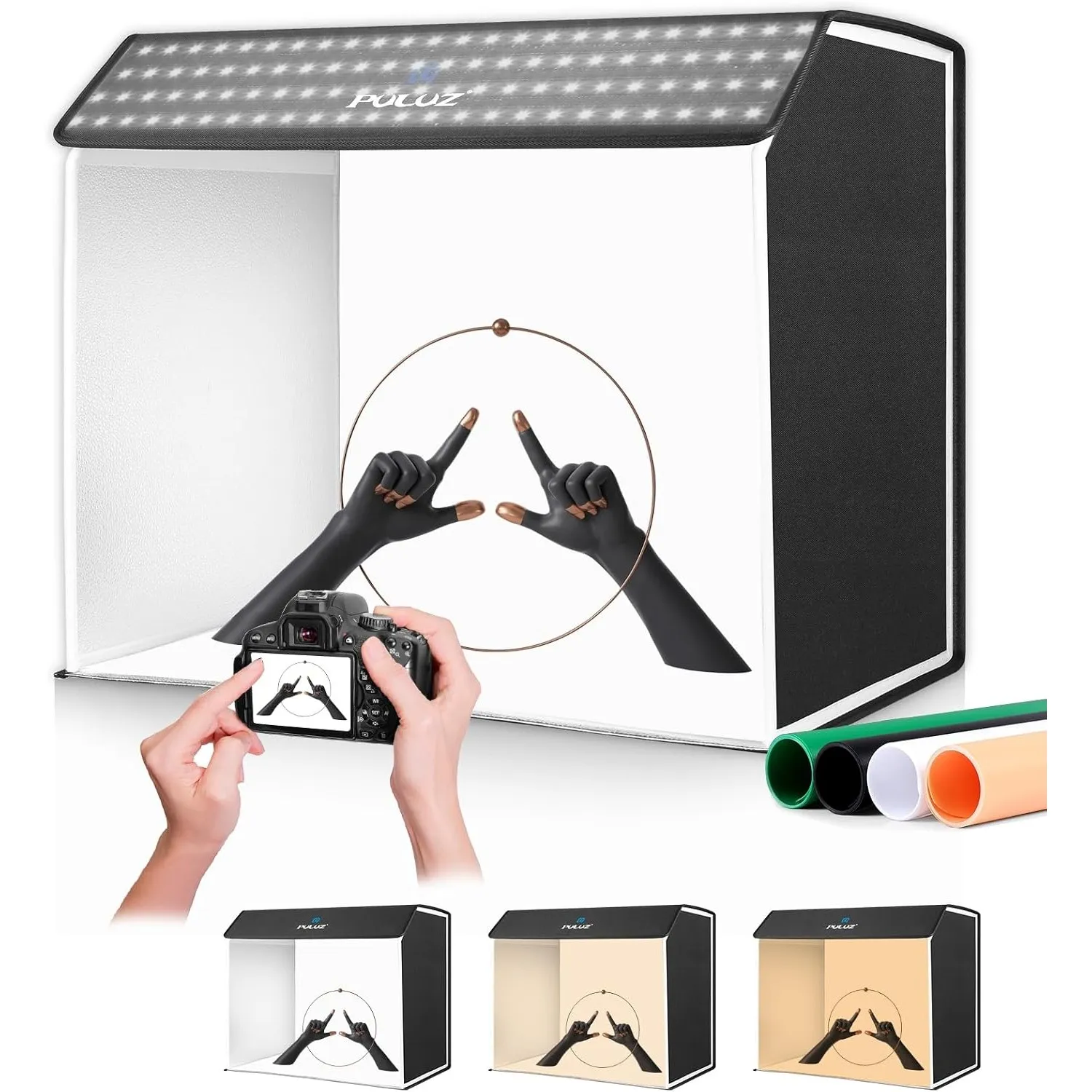 Upgrade Fotostudio Set 60x40X50cm, PULUZ Lichtzelt Fotografie mit Dimmbaren 3 Farbtemperaturen 672 LEDs & 4 PVC-Hinterg…