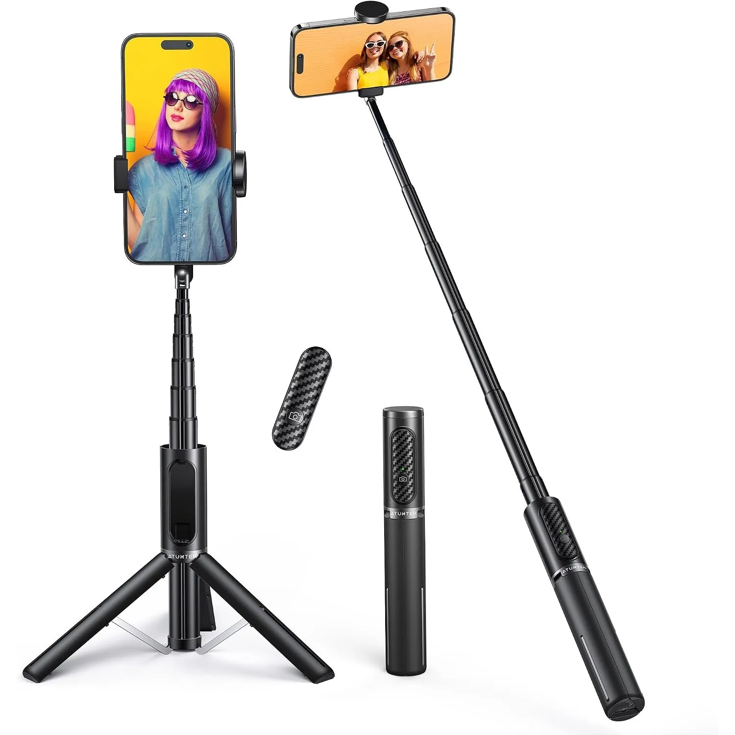 ATUMTEK Selfie Stick Stativ, 3-in-1 Ausziehbares Aluminium Handy Stativ mit kabelloser Bluetooth-Fernbedienung, Kompati…