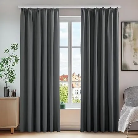 Deconovo Blickdichte Gardinen Kräuselband Curtains Hitzeschutz Dunkelgrau