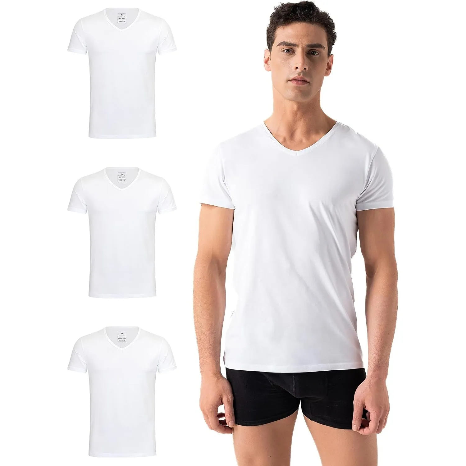 Burnell & Son Herren T-Shirt 3er Pack V-Ausschnitt Unterhemd Herren - Stretch - Kurzarm Shirt Männer aus Baumwolle Basi…