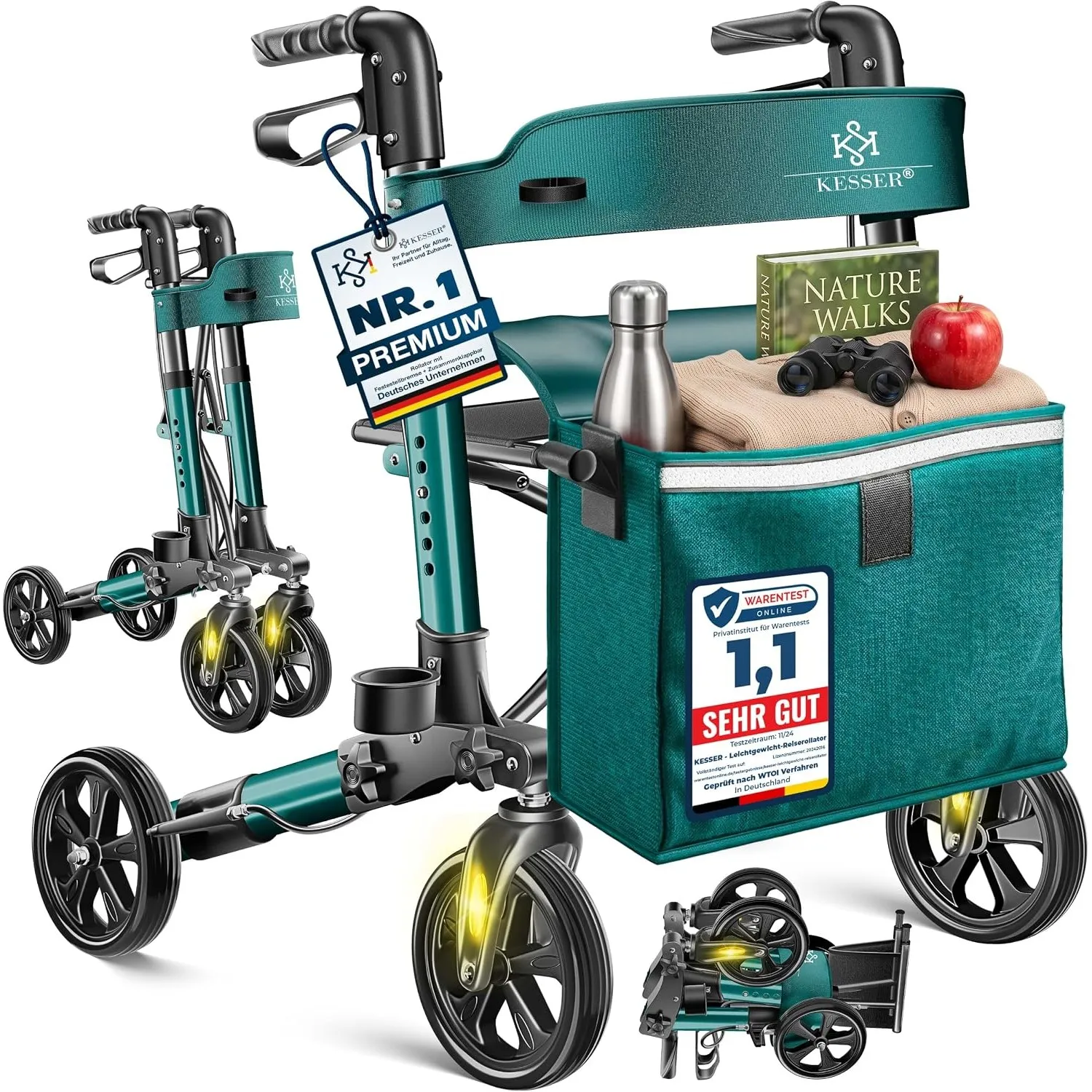 KESSER Leichtgewicht Rollator faltbar mit Sitz, Griff, Tasche, schmal für Senioren Wohnung, Klappbar, Höhenverstellbar,…