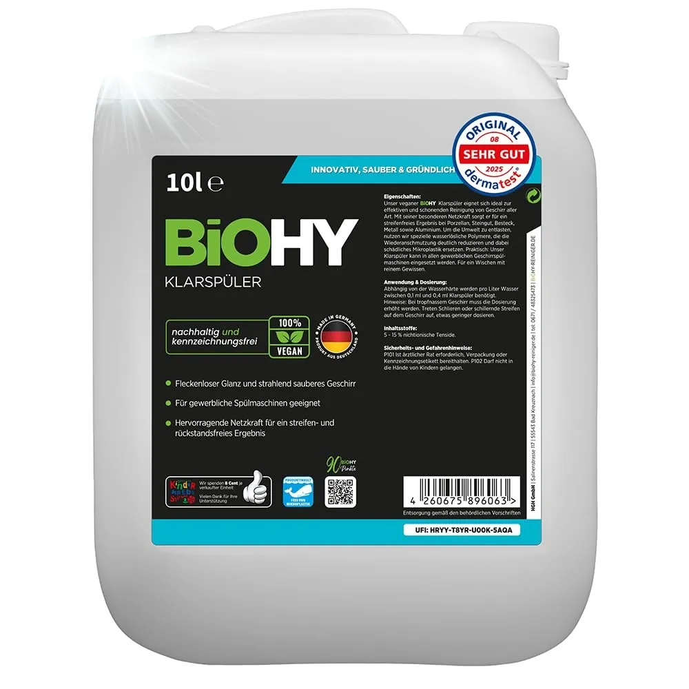 BiOHY Klarspüler (10 Liter Kanister) | Bio Geschirrspülmittel | ideal für alle Spülmaschinen | EXTRA STARKER Fettlöser …
