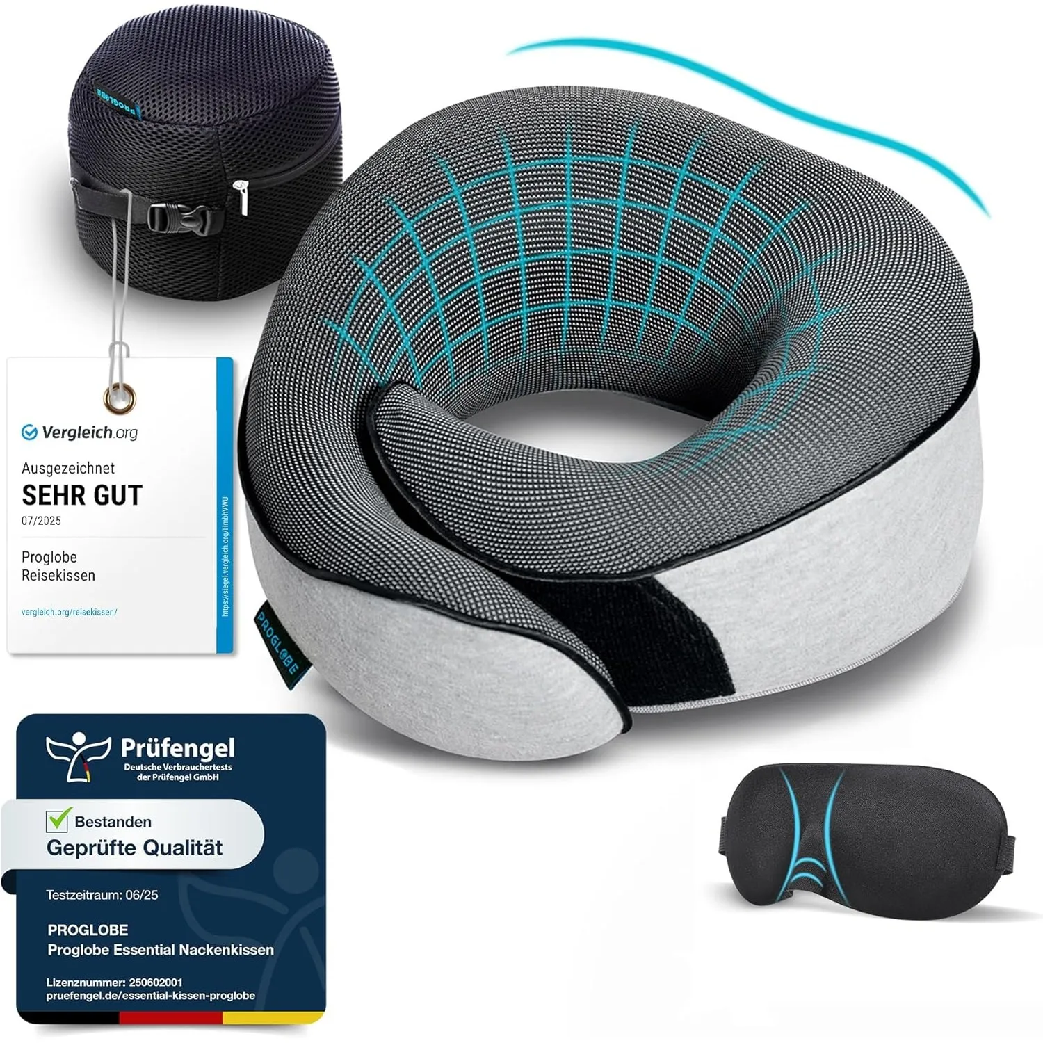 Proglobe Nackenkissen Flugzeug, Reisekissen 100% Memory Foam, Grau