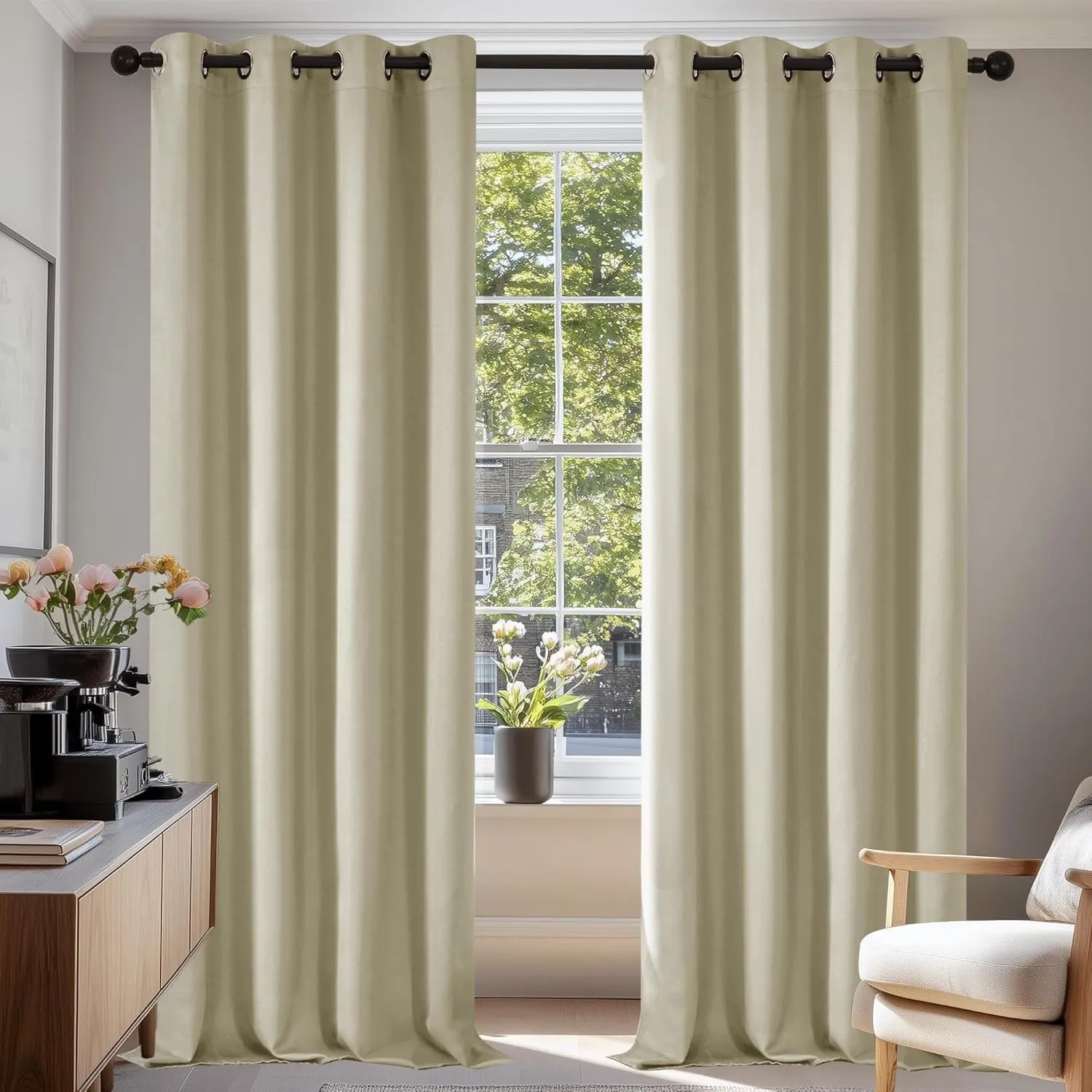 Deconovo Verdunkelungsvorhang mit Ösen für Wohnzimmer Thermogardine Kälteschutz, 220x140 cm(HöhexBreite), Beige, 2er Set