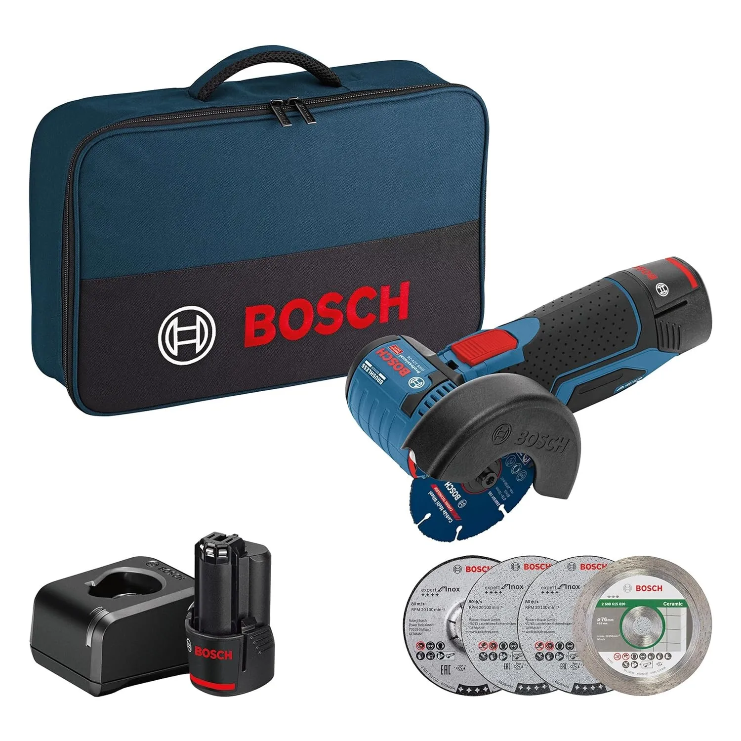 Bosch PRO 12V System Akku Winkelschleifer GWS 12V-76 (inkl. 2x 2.0Ah Akku, 5tlg. Trenn- und Schleifscheiben-Set, Tasche)