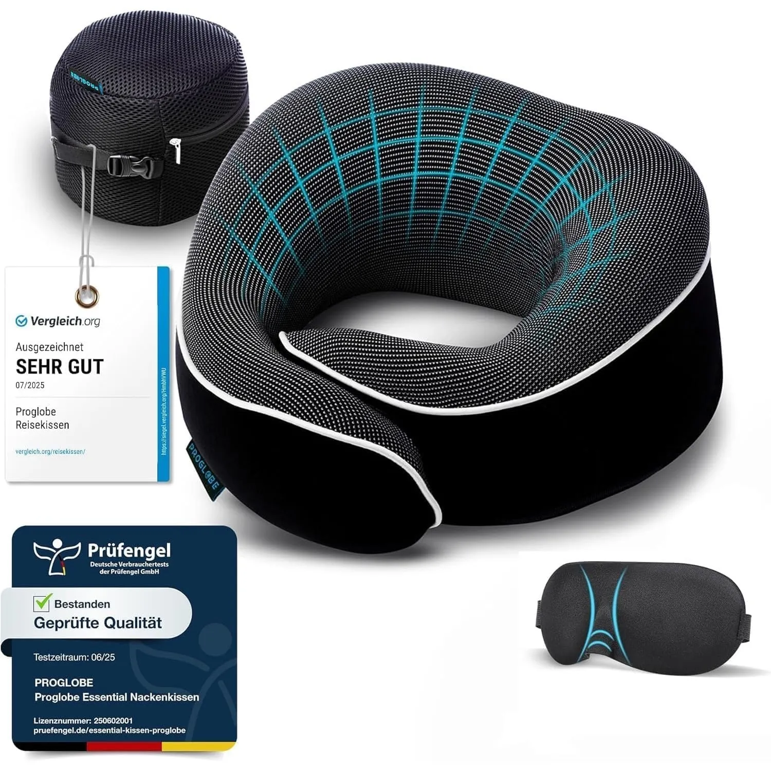 Proglobe Nackenkissen Flugzeug, Reisekissen 100% Memory Foam, Schwarz