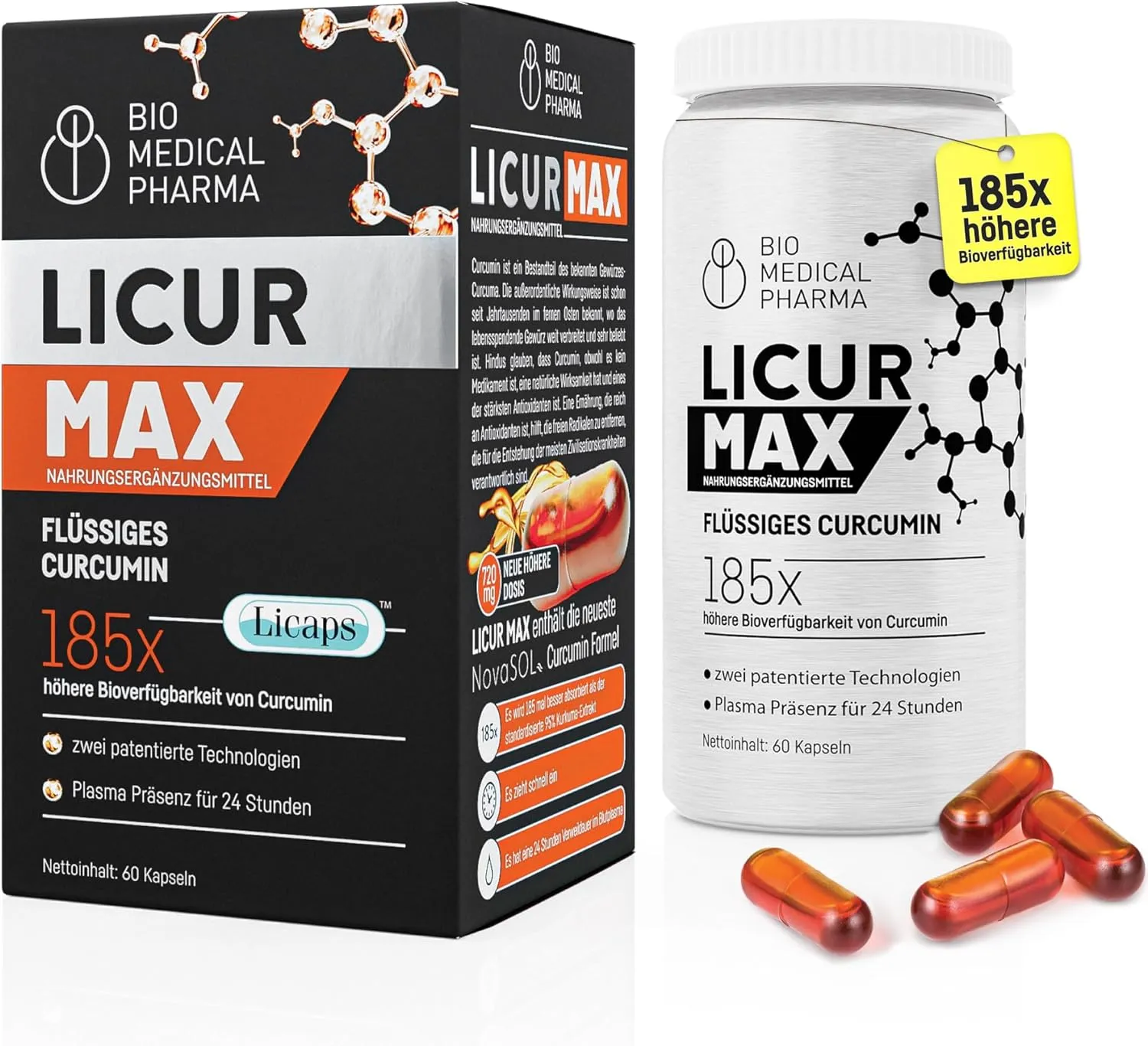 Kurkuma Kapseln Hochdosiert – 185x Höhere Bioverfügbarkeit – Mizellares Curcumin NovaSOL – Nur 1 Kapsel Täglich Ohne Pi…