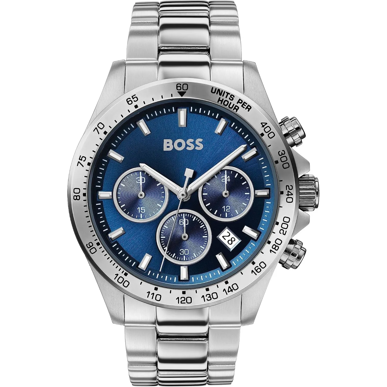 BOSS Herren Chronograph Quarz Uhr 43 mm Hero Kollektion mit Edelstahl Armband Glieder oder Mesh, Datumsfunktion, 3 Sub-…