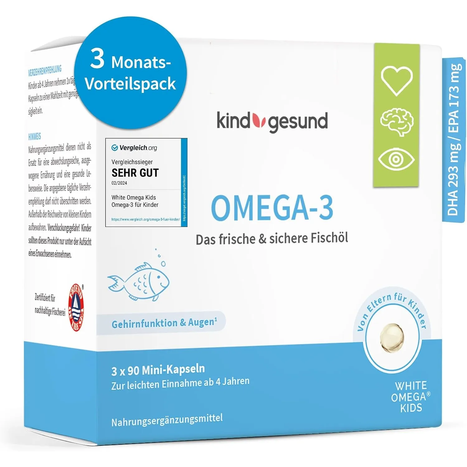 Omega 3 Kinder Vergleichssieger 2025-518mg Fischöl: 293mg DHA & 173mg EPA - zuckerfrei, kein Fischgeschmack, leicht zu …