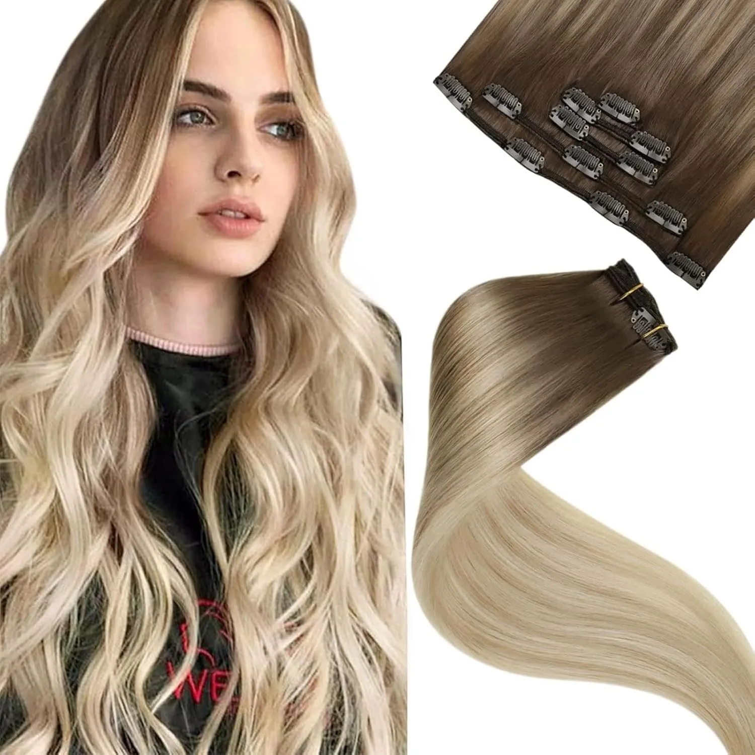 LaaVoo Extensions Echthaar Clip in Ombre 40cm Balayage Haarverlängerung Clip in Echthaar Hellbraun bis Dunkel Aschblond…