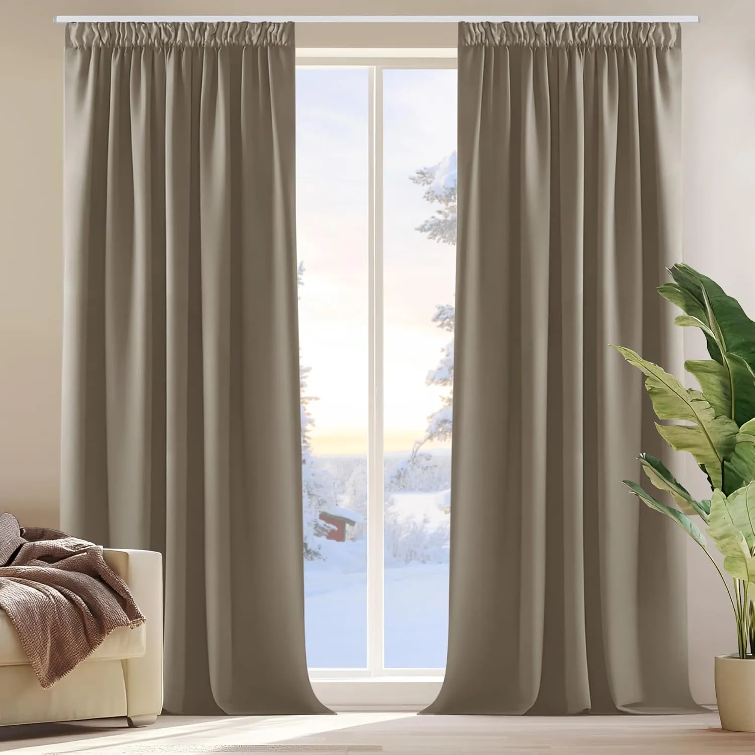Deconovo Dicke Thermovorhänge Gardinen Verdunkelungsvorhänge mit Kräuselband, 200x140cm(HöhexBreite), Taupe, 2er Set