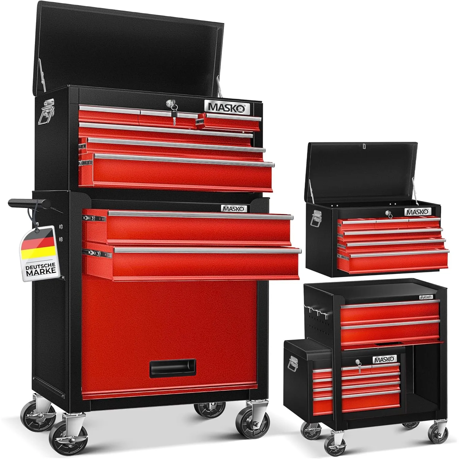 MASKO® Werkstattwagen inkl. Koffer - 9 Fächer Abschließbar | Massives Metall | Mobiler Werkzeug-Wagen ohne Werkzeug | P…