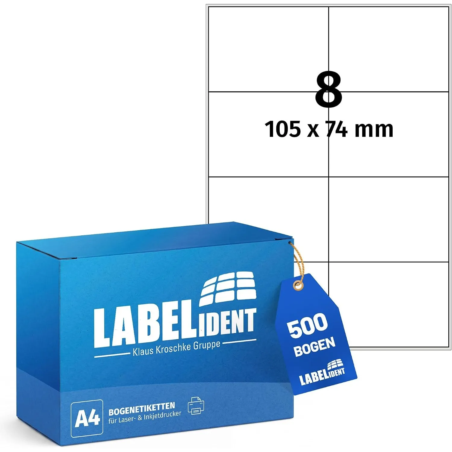 Labelident Laser-Etiketten 105 x 74 mm weiß - 8 Etiketten pro A4-Bogen - 4.000 Etiketten (500 DIN A4 Bögen) geeignet fü…