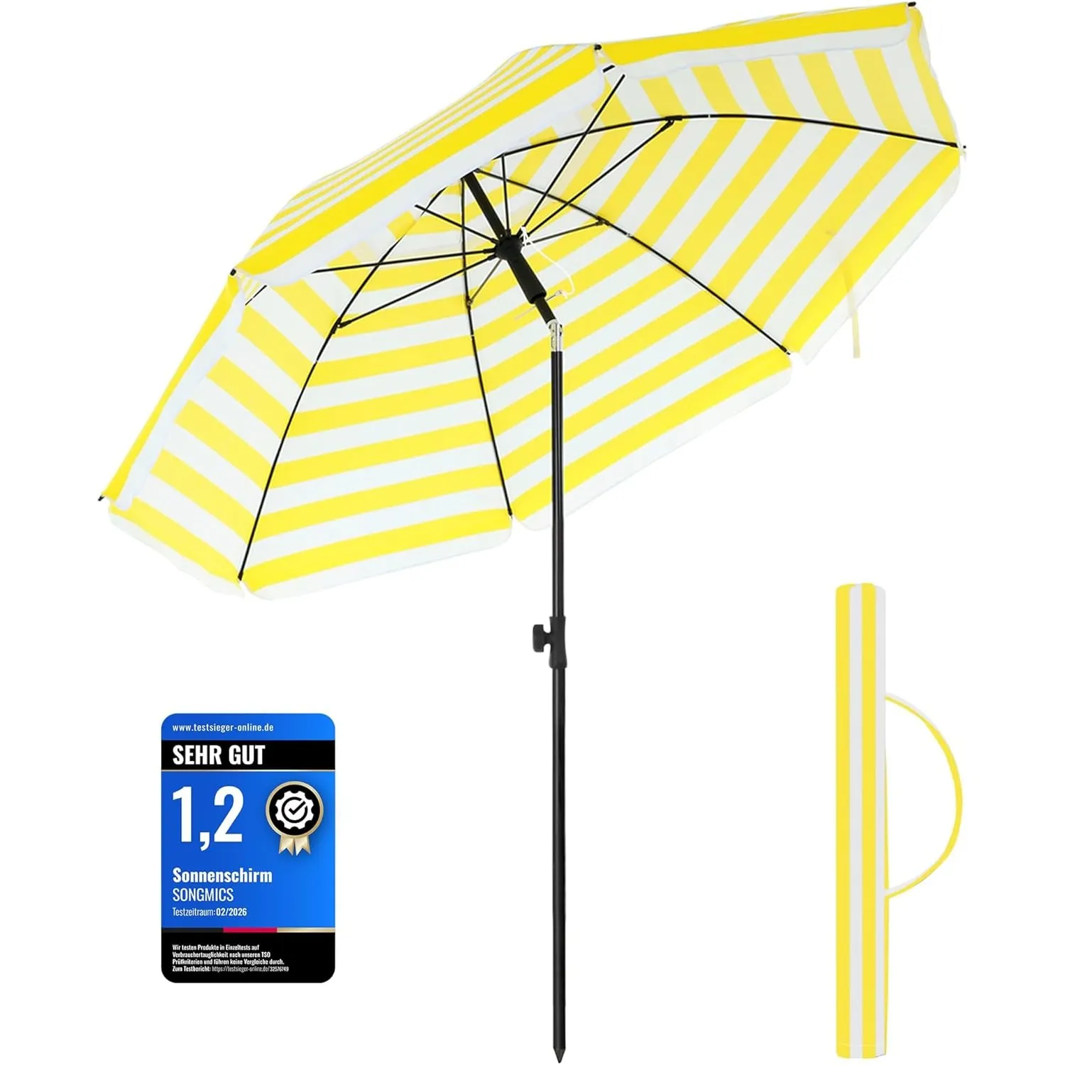 SONGMICS Sonnenschirm 160 cm, Sonnenschutz, UPF 50+, Strandschirm, beidseitig um 30° knickbar, höhenverstellbar, mit Tr…