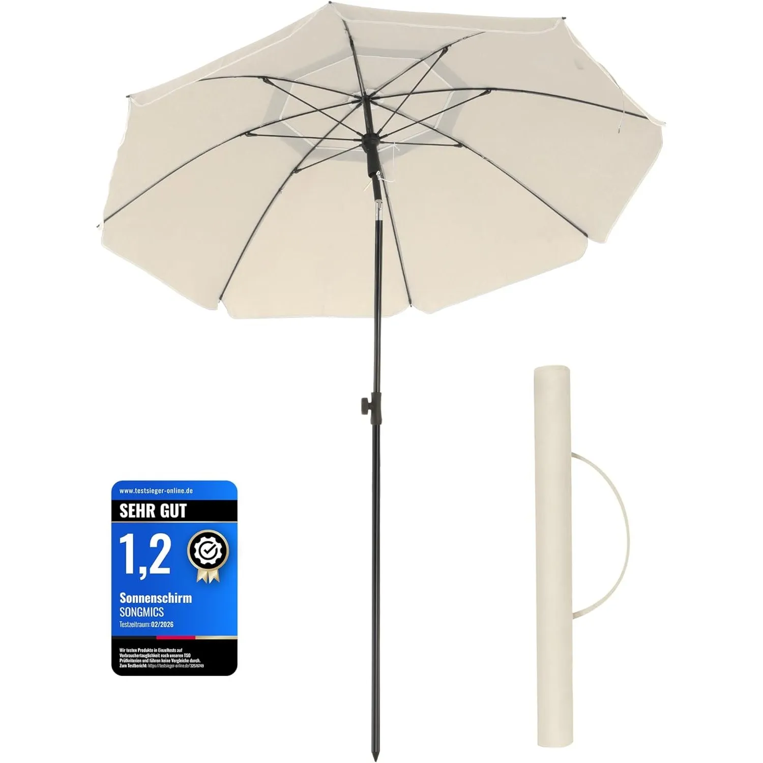 SONGMICS GPU65WTV1 Sonnenschirm, 200 cm, Sonnenschutz UPF 50+, neigbar um 30° in 2 Richtungen, höhenverstellbar, mit Tr…