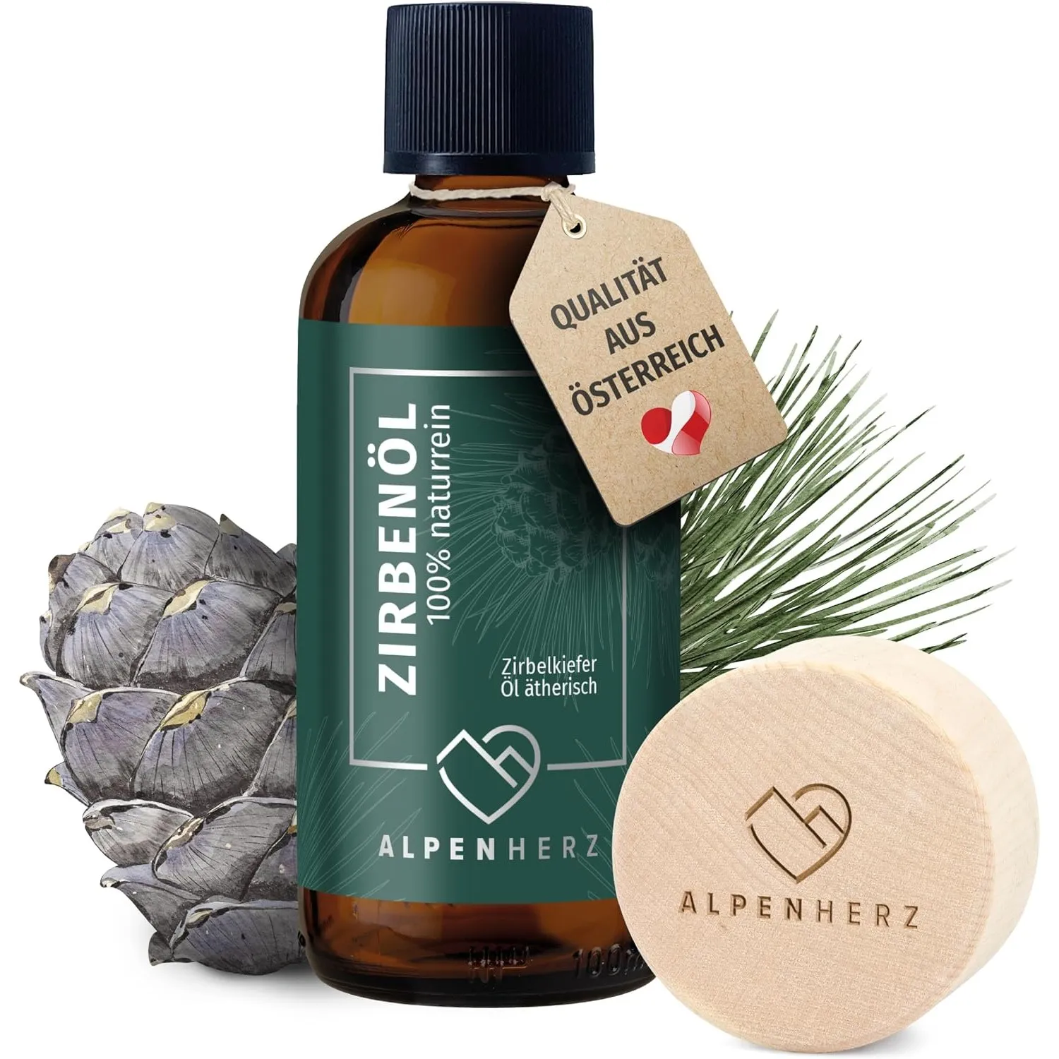 Alpenherz Zirbenöl 100 ml mit Duftstein aus Zirbenholz - 100% naturrein ätherisches Zirbelkieferöl aus Österreich Duftö…