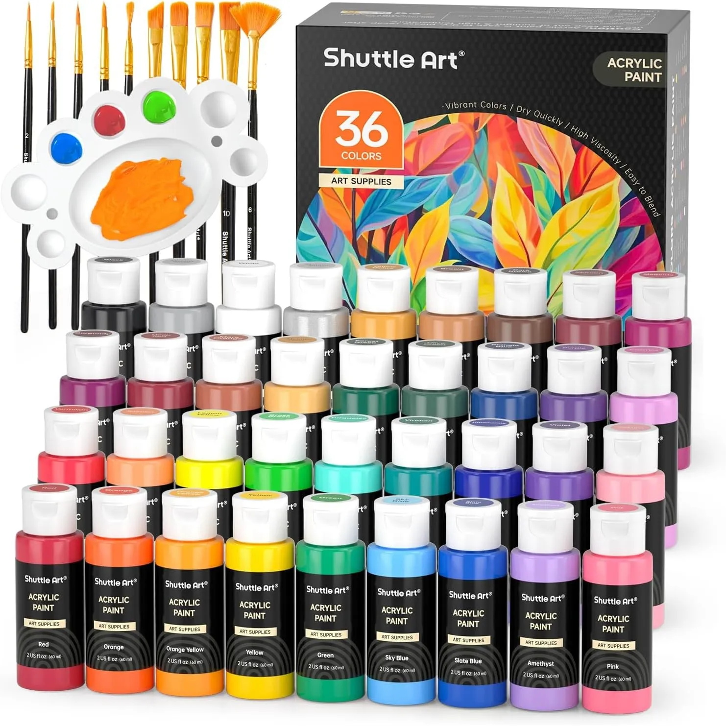 Shuttle Art Acrylfarben Set, 36 Acryl farben in Flaschen (je 60ml) mit 12 Pinselset & 1 Palette, ungiftige Acrylfarbe w…