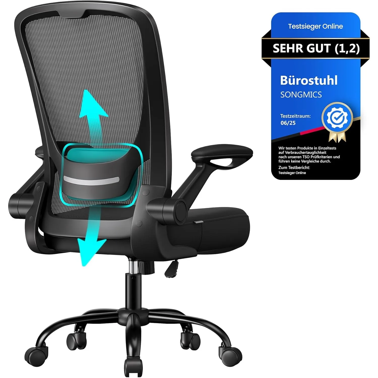 SONGMICS Ergonomischer Bürostuhl mit klappbaren Armlehnen, höhenverstellbar