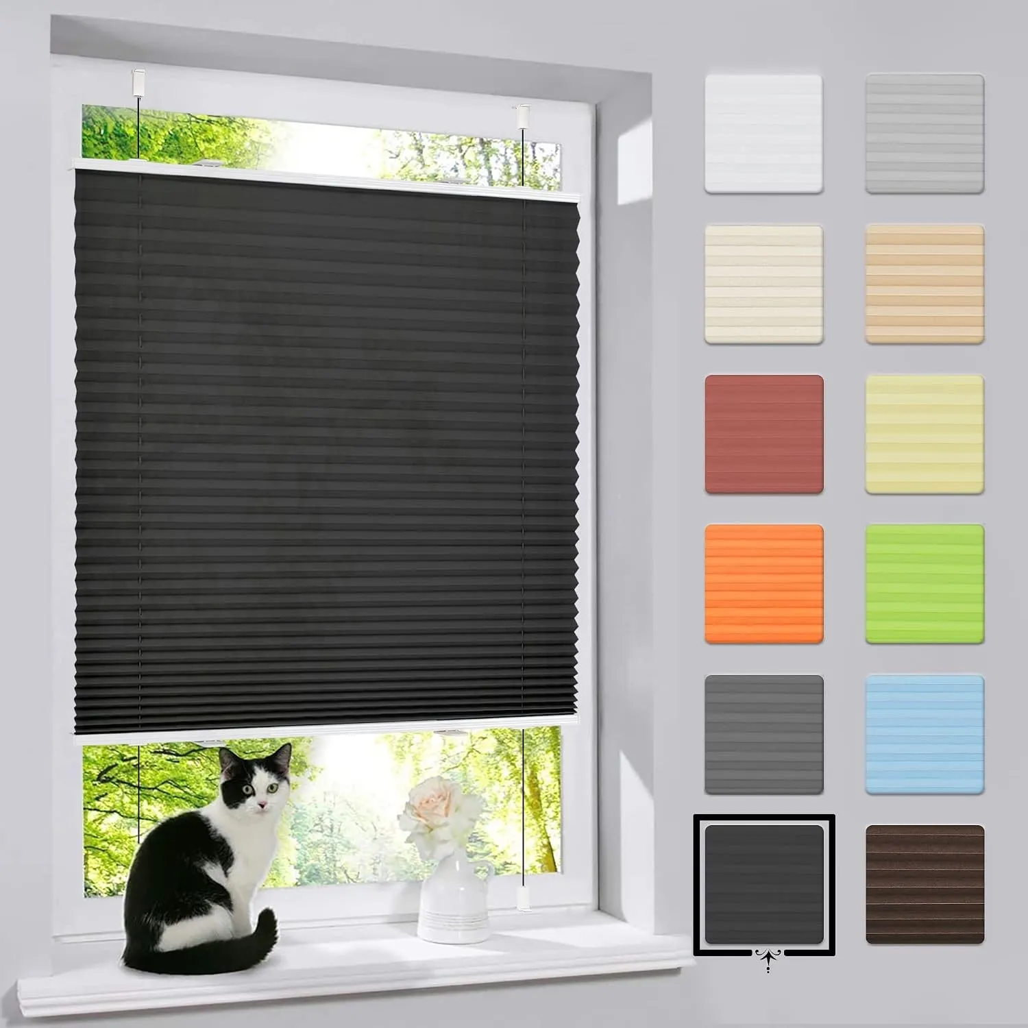 bobodeco Plissee ohne Bohren Klemmfix Faltrollo Jalousie Schwarz 100x120cm (BxH), Plisseerollo Sichtschutz und Sonnensc…