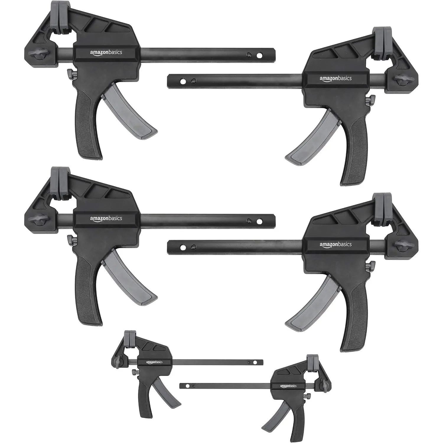 Amazon Basics 6 Stück, Einhandzwinge, 2 Stück 10,16 cm, 4 Stück 15,24 cm, Schwarz Grau