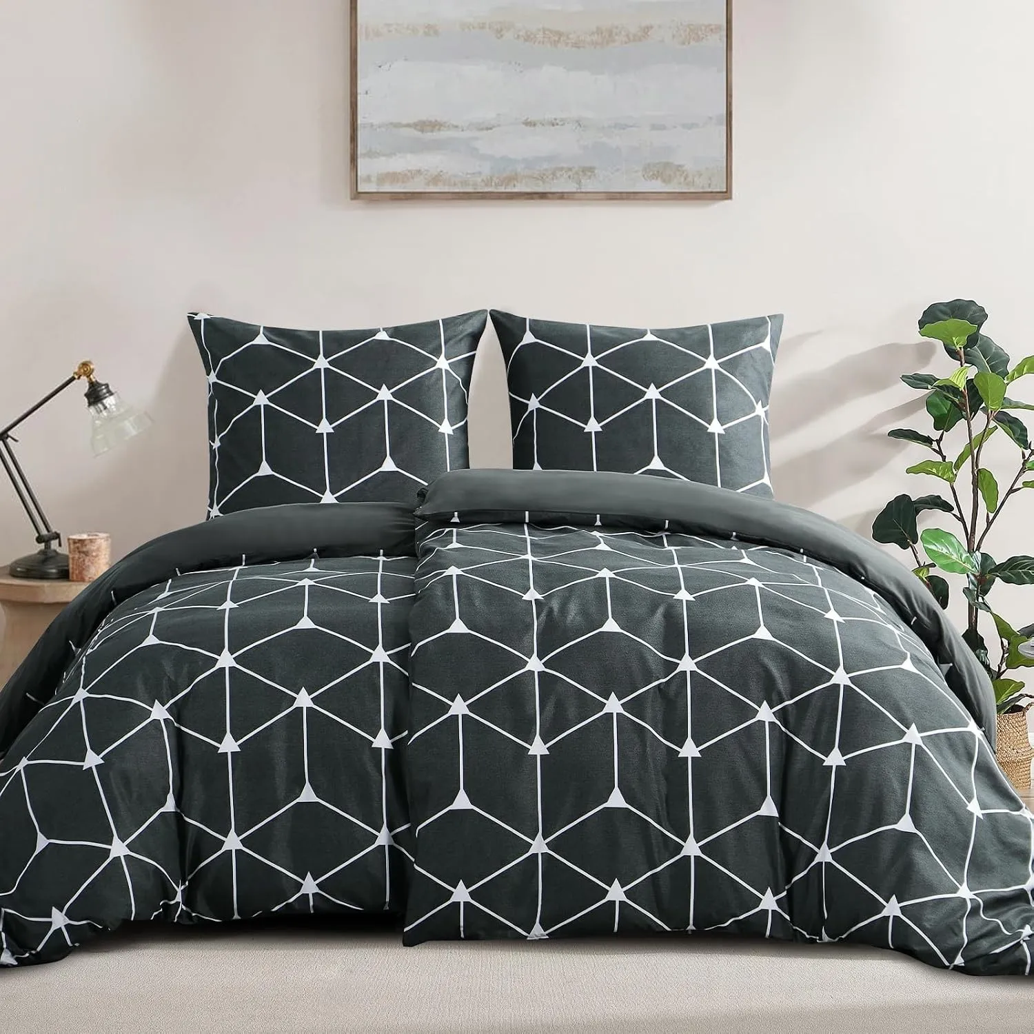 RUIKASI Bettwäsche 135x200 4teilig Anthrazit - Bettbezüge 135 x 200 2er Set mit Geometrie Muster, Bettwäsche-Sets 135x2…
