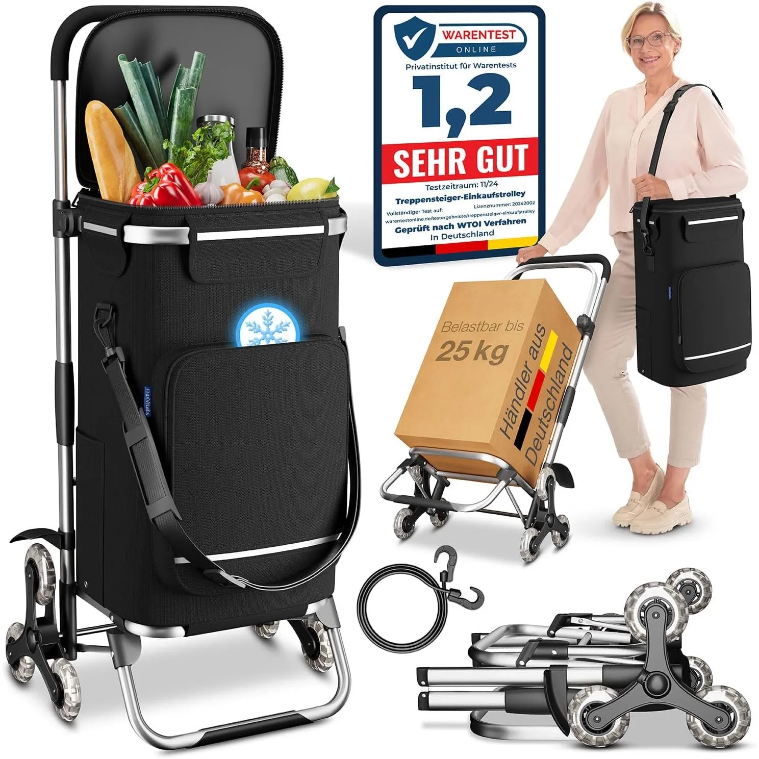 ELONEO Einkaufstrolley Treppensteiger mit Kühlfach, Einkaufsroller klappbar, Shopping Trolley höhenverstellbar, Reflekt…