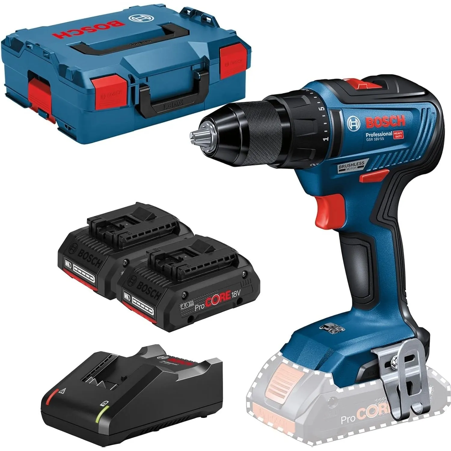 Bosch Professional 18V System Akku Bohrschrauber GSR 18V-55 (max. Drehmoment 55 Nm, 1.800 min⁻¹, inkl. 2x Akku ProCORE1…