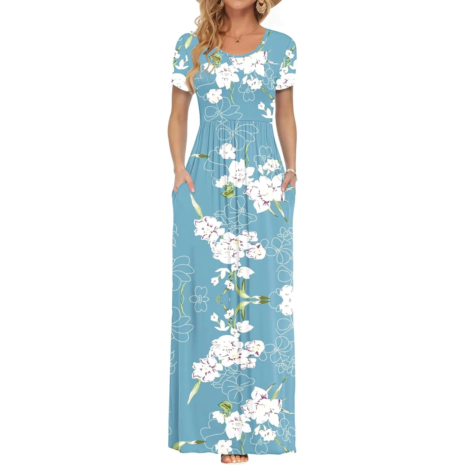 AUSELILY Damen Kurzarm Sommer Casual Long Maxi Kleider mit Taschen | Ganzjähriges Tragen, solider Blumendruck, Freizeit…