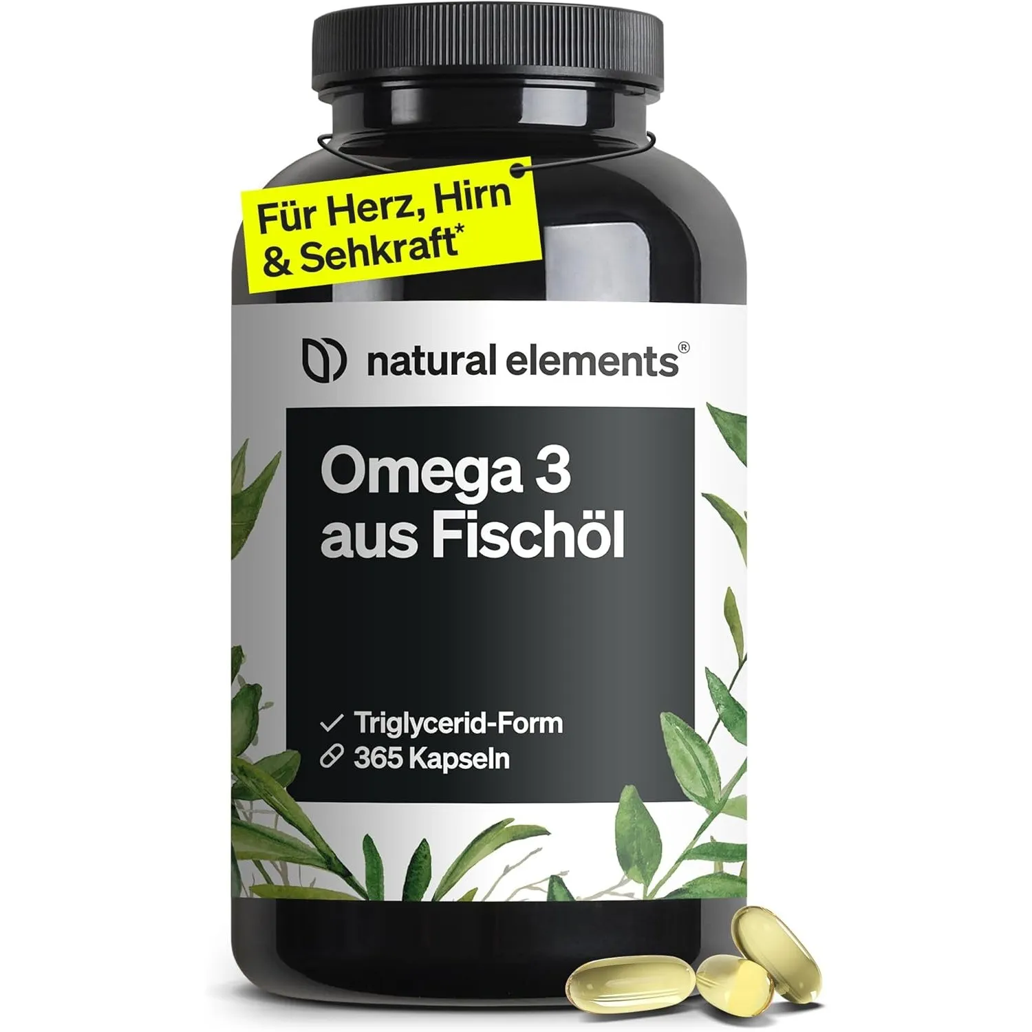 natural elements Omega 3 – 365 Kapseln – 2000mg Fischöl pro Tagesdosis – mit EPA und DHA in Triglycerid-Form – Laborgep…