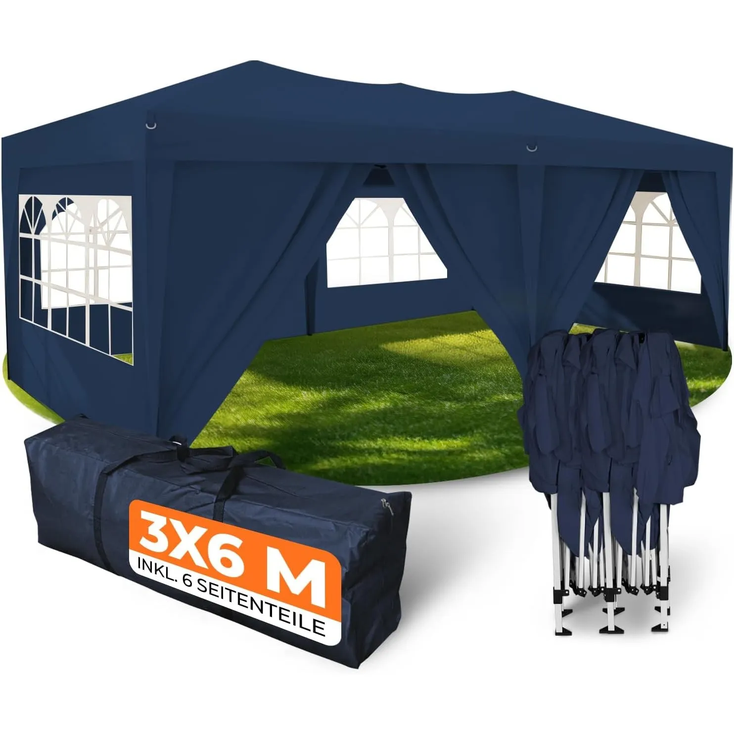 Kronenburg Faltpavillon wasserdicht Pavillon mit 6 Seitenteilen, Gartenzelt, 3x6 m - mit UV Schutz 50+, Blau