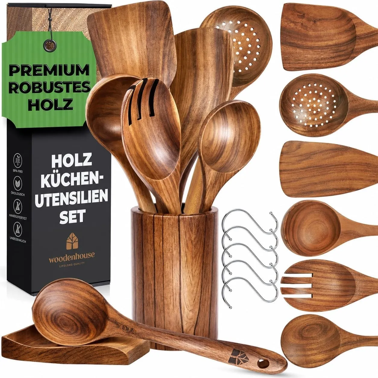 Holz Kochbesteck-Set mit Halter, Pfannenwender Kochlöffel Schöpfkelle Nudelheber Servierlöffel Sieb – mit Haken, Halter…