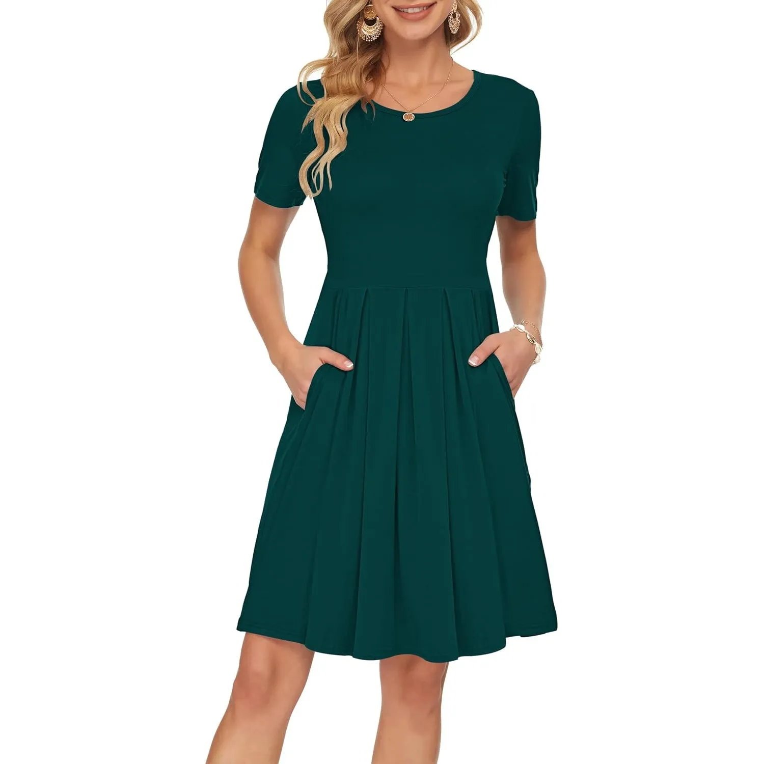 AUSELILY Damen Kurzarm Plissee Loose Swing Freizeitkleid mit knielangen Taschen
