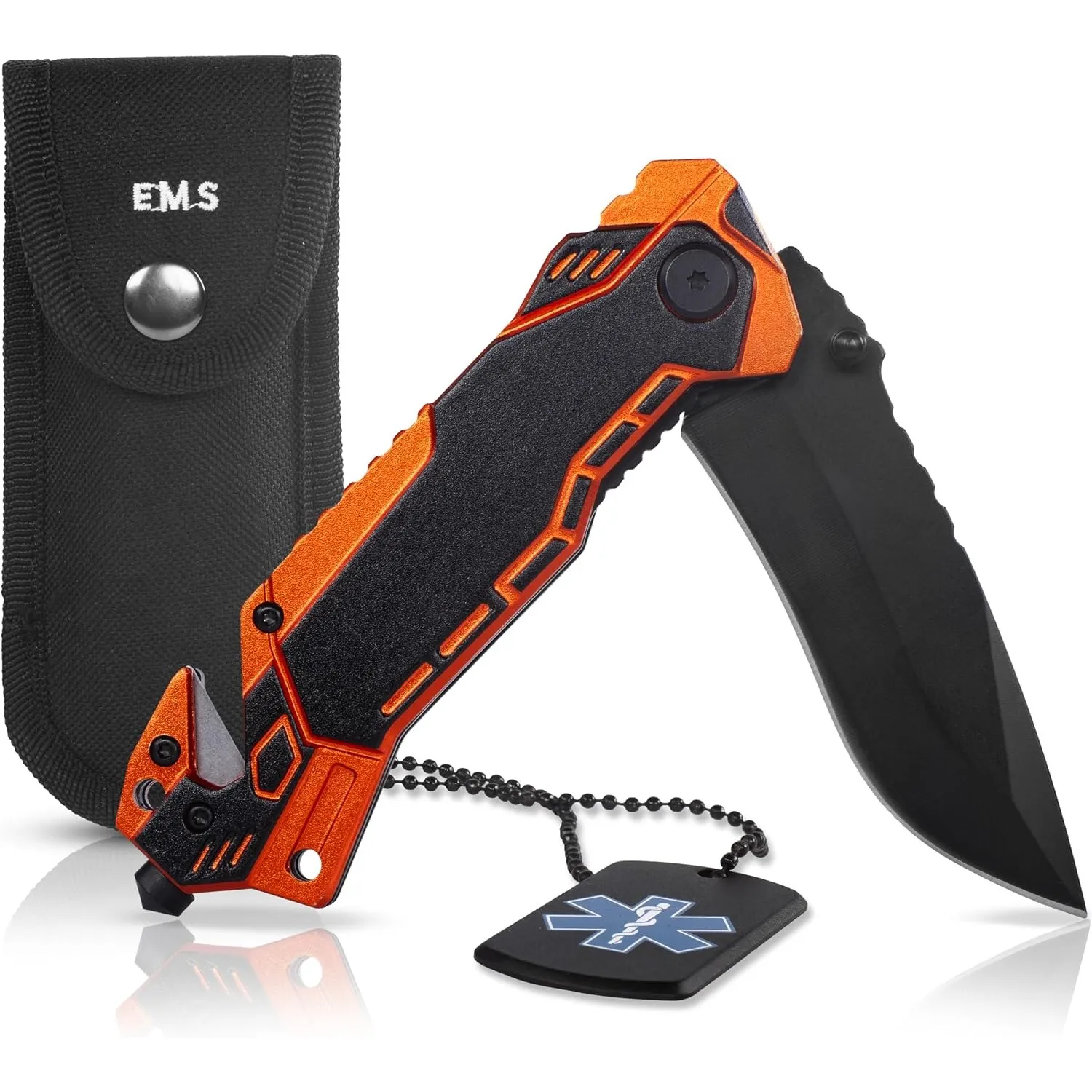 KOSxBO Rescue Knife EMS Rettungsmesser mit Glasbrecher und Gurtschneider inkl. Messertasche und Dog Tag - Messer Tasche…