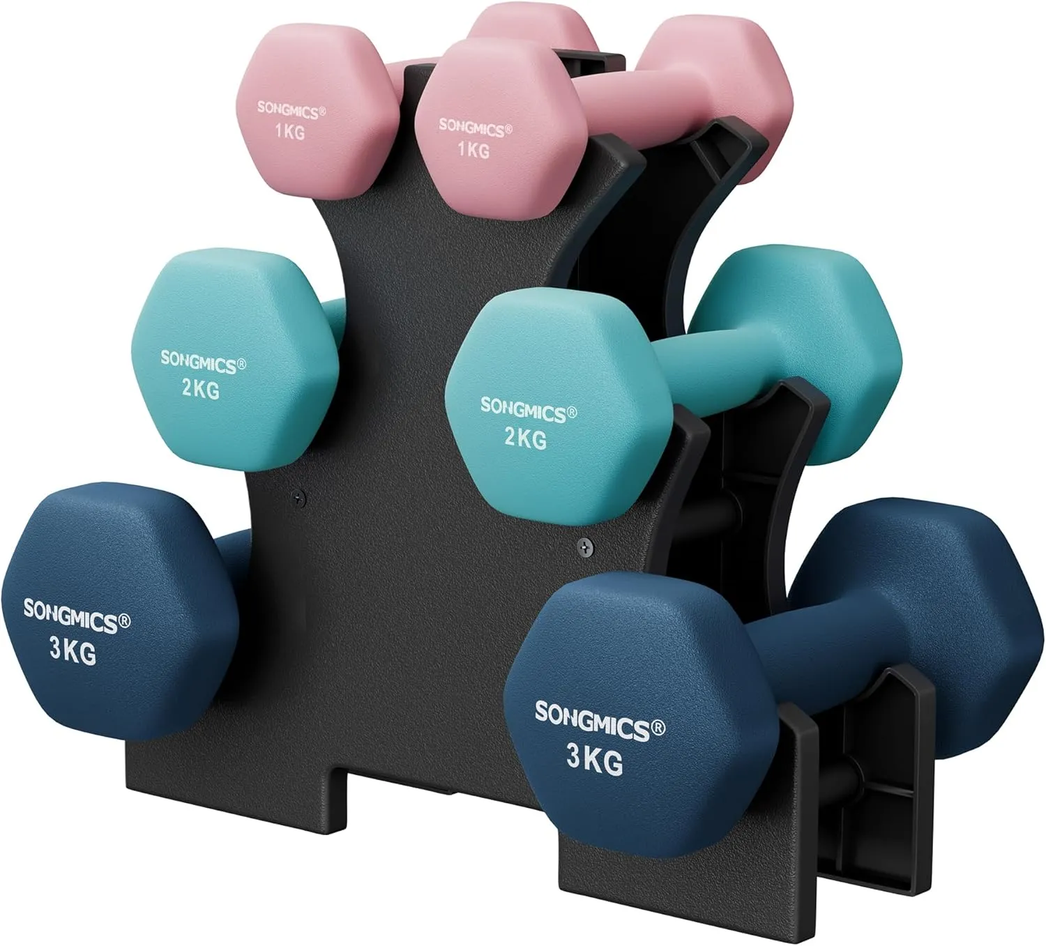 SONGMICS Hantel-Set, 3 Paar, 1kg-3kg，9kg oder 12kg, Aufbewahrung, Fitnessstudio, Krafttraining, rutschfeste Neopren-Bes…