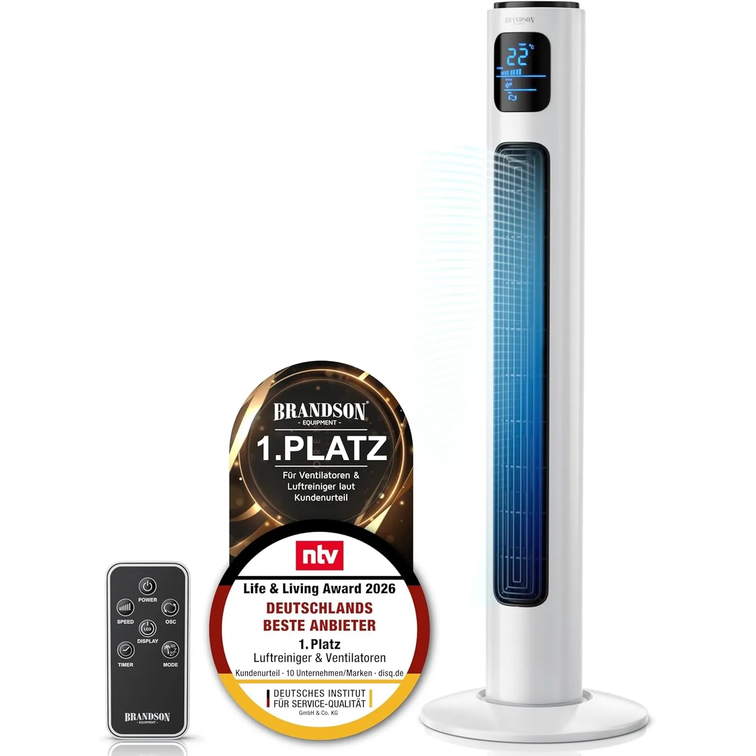 Brandson - Turmventilator mit Fernbedienung 96 cm - Preisträger 2026 - mobiler Lüfter leise - Standventilator mit Oszil…