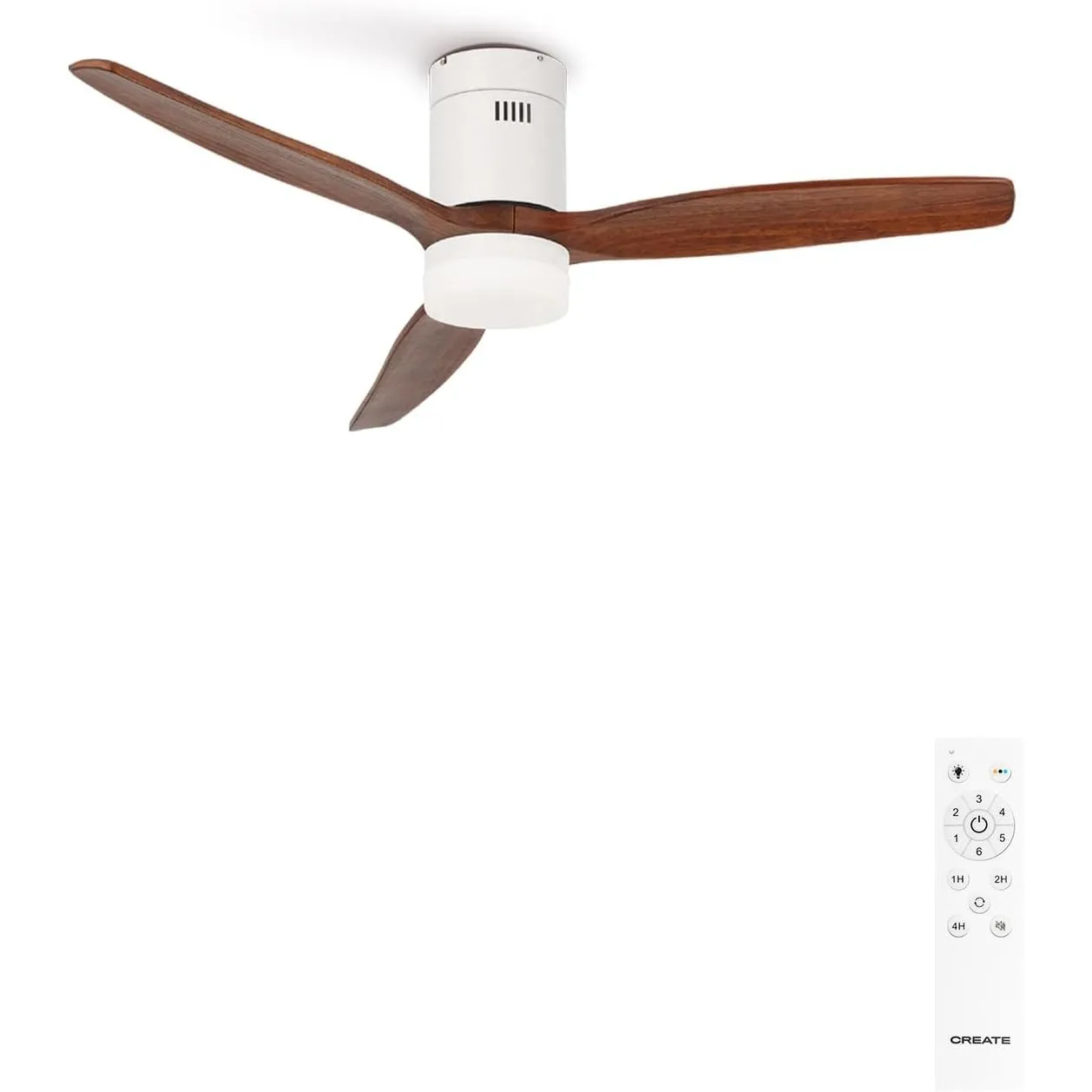 CREATE / WINDCALM M/Deckenventilator ABS mit Beleuchtung Weiß Dunkelholzflügel-Optik mit Fernbedienung / 40W, Leise, Ø1…