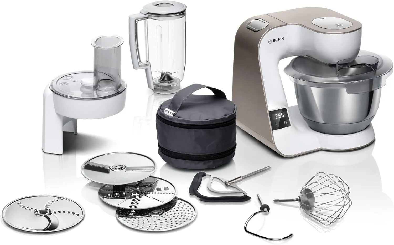 Bosch Küchenmaschine Serie 4, integrierte Waage, Mixer 1,25 L, Edelstahl-Schüssel 3,9 L, Profi-Knethaken, Schnee-, Sili…