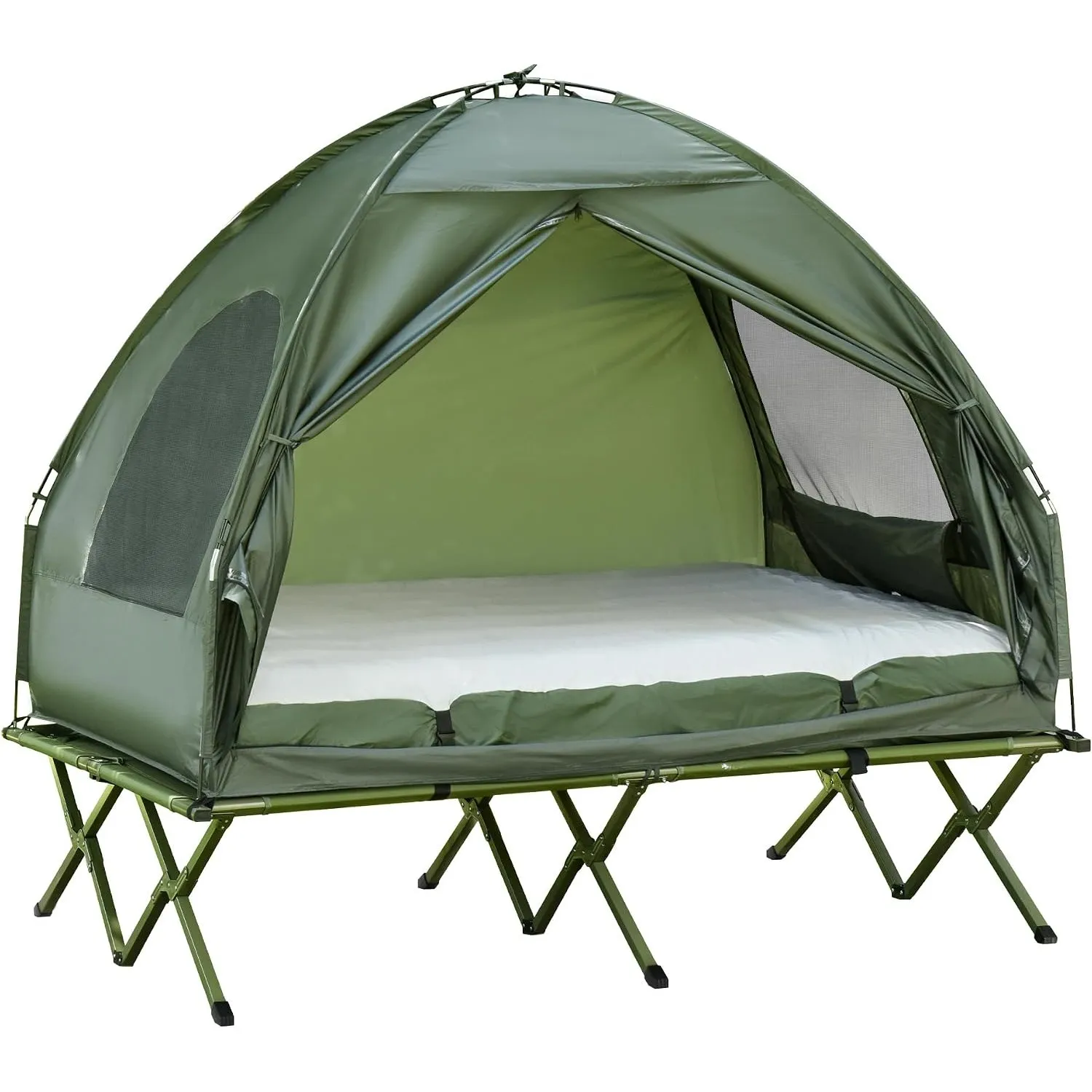 Outsunny Erhöhtes Campingbett und Zelt, Feldbett, Kuppelzelt mit Luftmatratze, inkl. Pumpe, TAFT, Grün, 193 x 136 x 178…
