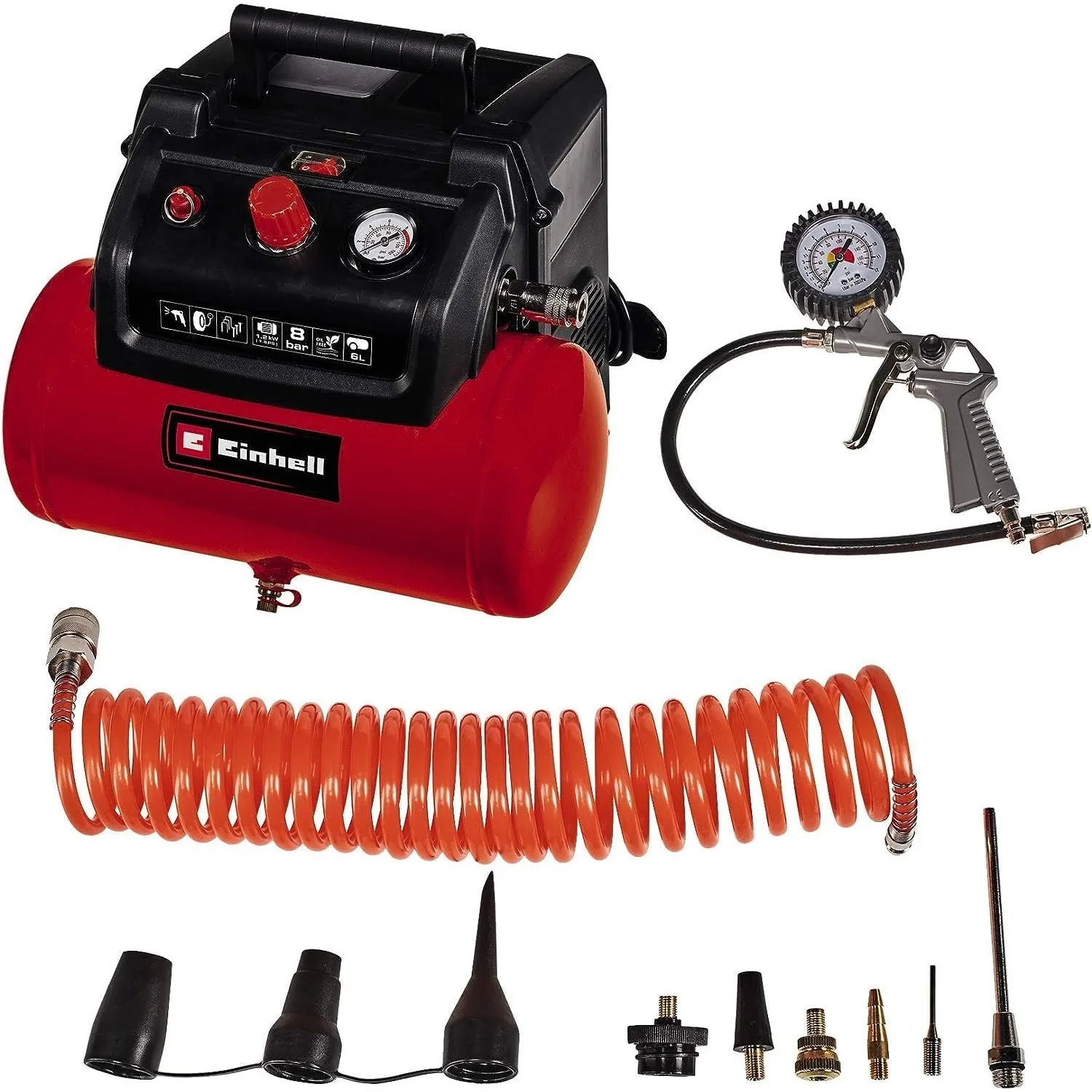 Einhell Kompressor TC-AC 190/6/8 OF Set (1200 W., max. 8 bar, 6 l-Tank, 190 l/min Ansaugleistung, Motordrehzahl 18000 m…